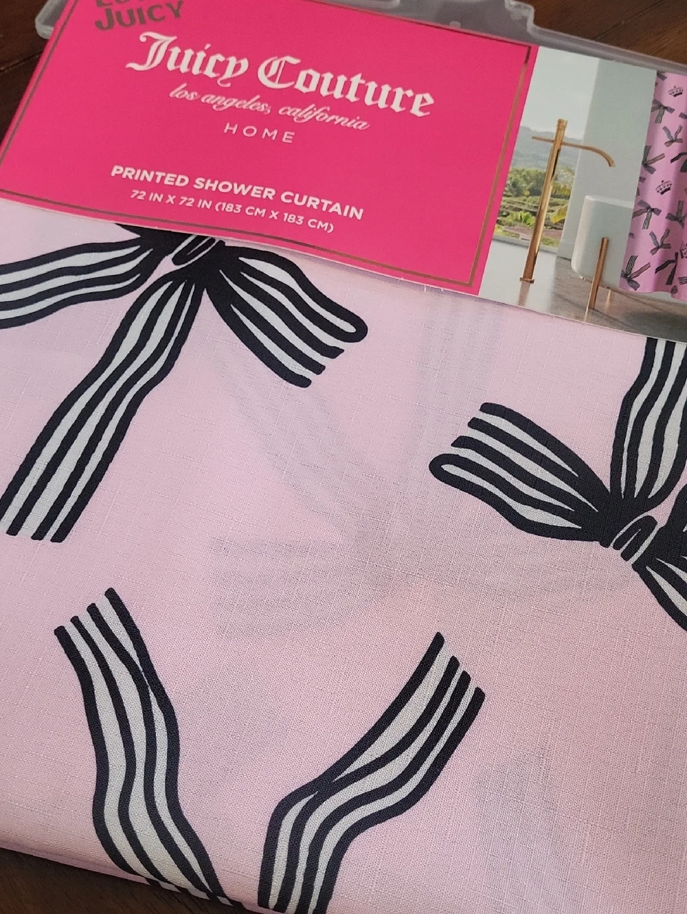 Juicy Couture Pink Shower Curtain with Black Bow Motif
